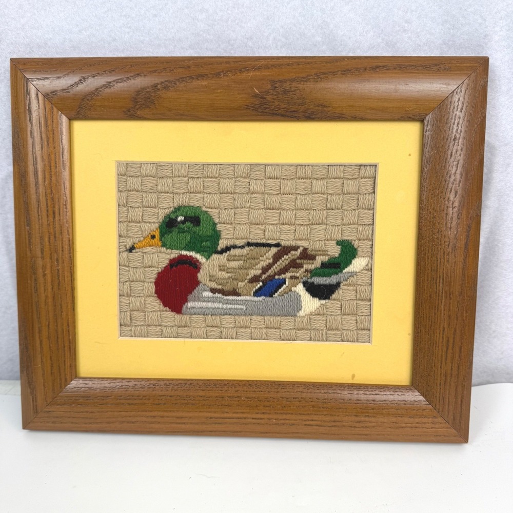 Mallard Duck Needlepoint Handmade 11x9 Brown Wood Framed Vintage 1985 Decor